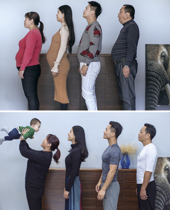 Familia de cuatro mostrando su sobrepeso en la foto de arriba y estando en forma en la foto de abajo